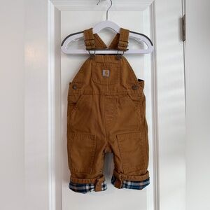 Carhartt Baby Canvas Bib Overall Flannel Plaid Lined Brown Blue Size 9 Months